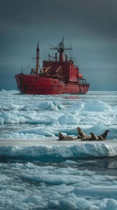 Atlantic Ocean ice glacier a big ship is anchoring while the ocean water is