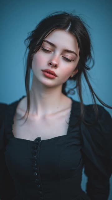 a beautiful girl with ice blue eyes wearing a black dress