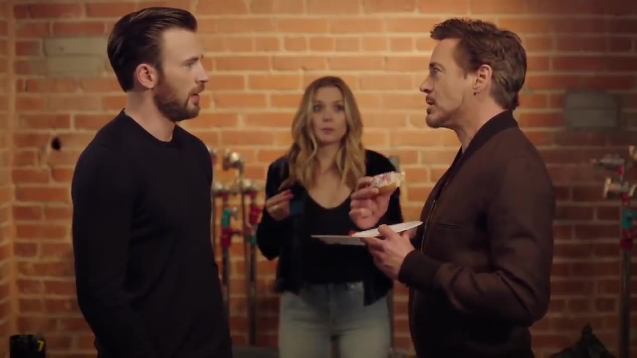 Chris Evans, Robert Downey Jr & Elizabeth Olsen - Tony Steals The Last Donut 720p
