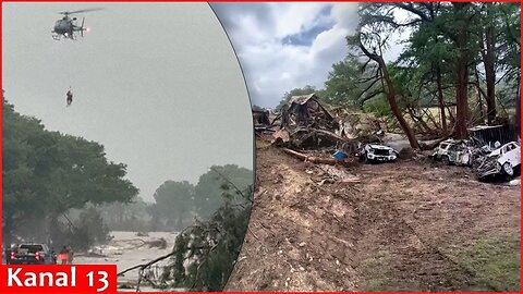 Helicopter rescue and damage scenes from flooding in Kerrville, TX