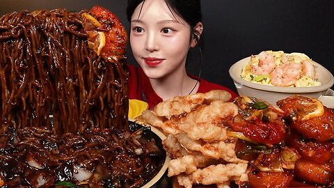 Jjajangmyeon with Crispy Chili Shrimp & Sweet and Sour Pork | Mukbang ASMR
