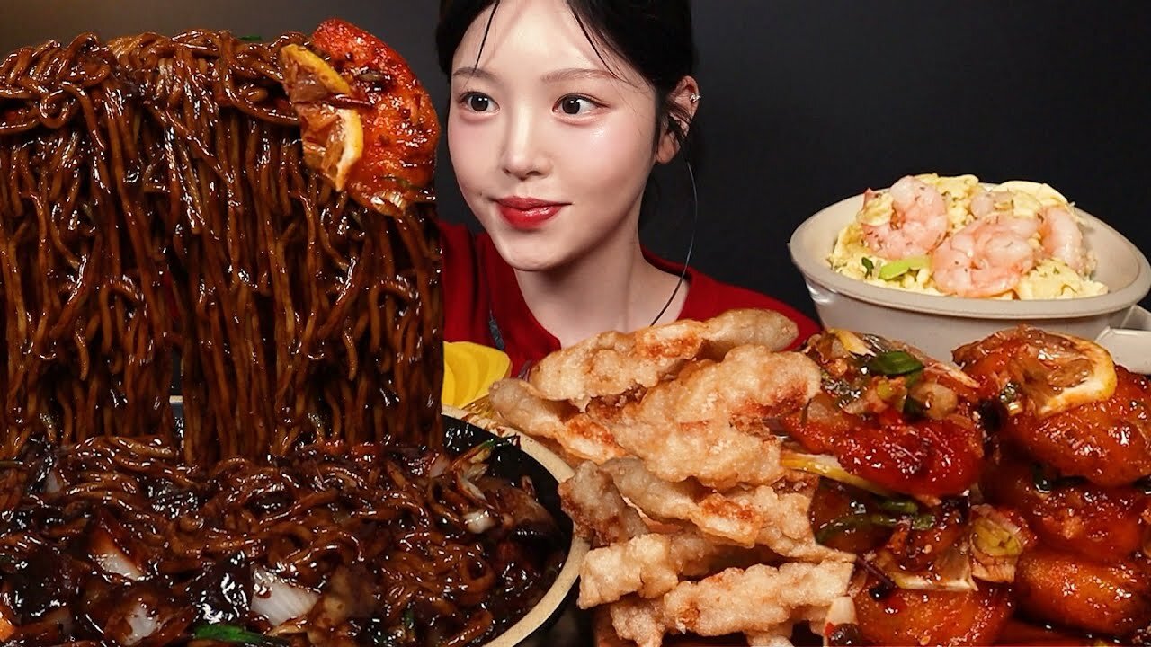 Jjajangmyeon with Crispy Chili Shrimp & Sweet and Sour Pork | Mukbang ASMR