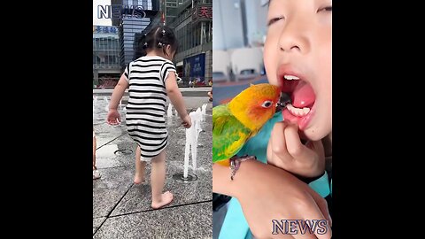 A parrot pulls out a girl's tooth. Meanwhile, a child tries to stop the water by pressing a faucet.