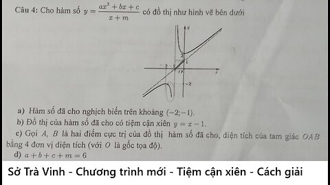 Sở Trà Vinh: Tiệm cận xiên: y=(ax^2+bx+c)/(x+m) có đồ thị như hình vẽ bên dưới - Đúng/Sai