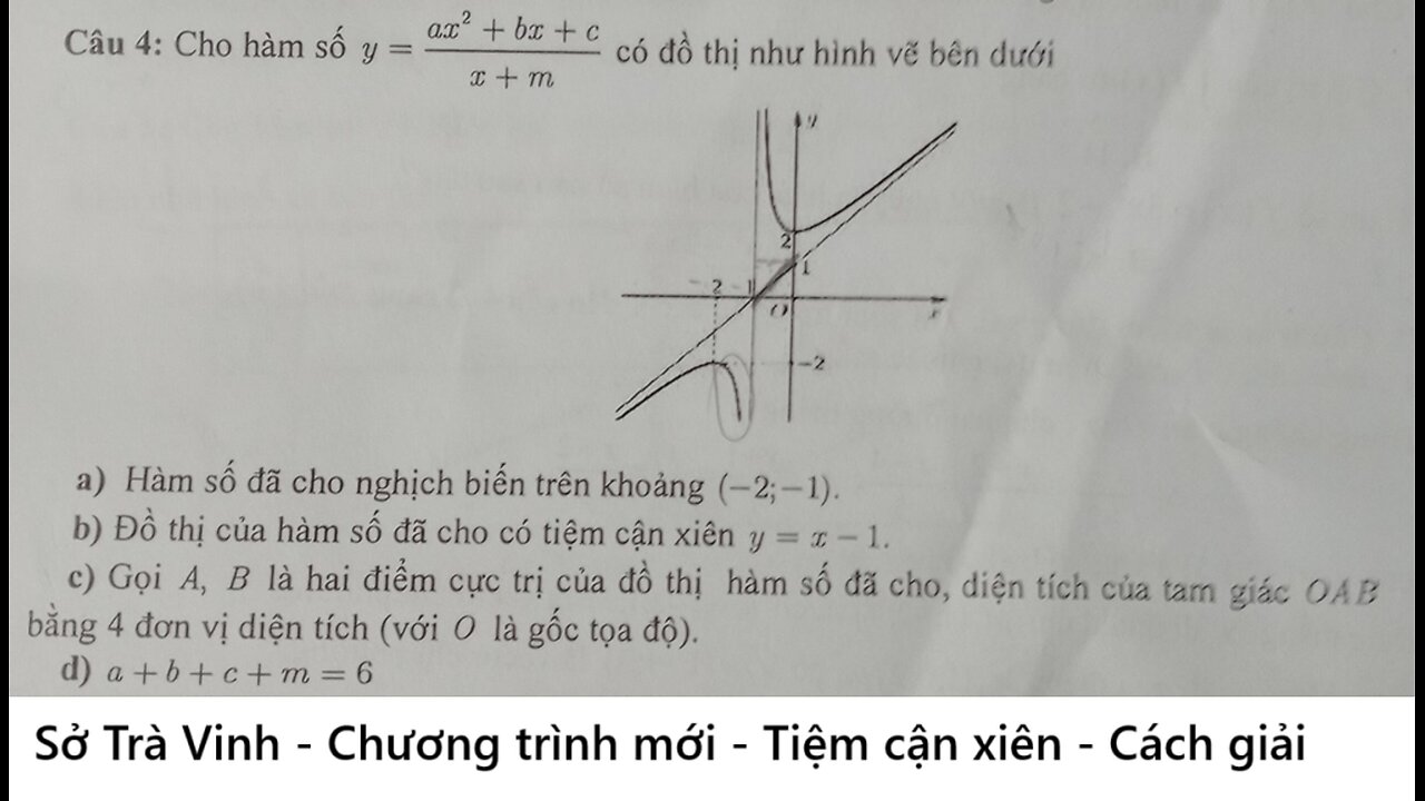 Sở Trà Vinh: Tiệm cận xiên: y=(ax^2+bx+c)/(x+m) có đồ thị như hình vẽ bên dưới - Đúng/Sai