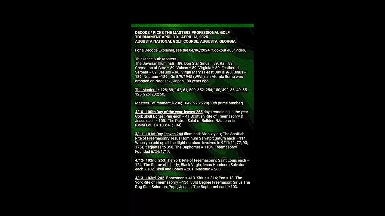 PROFESSIONAL GOLF MASTERS TOURNEY DECODE / PICKS. See Description.