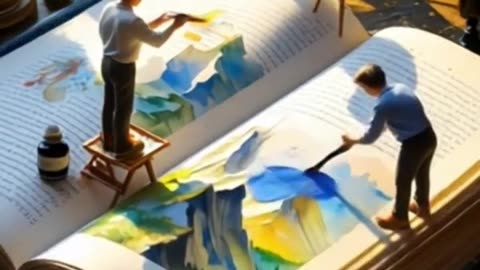 Miniature Artists Painting a Giant Open Book