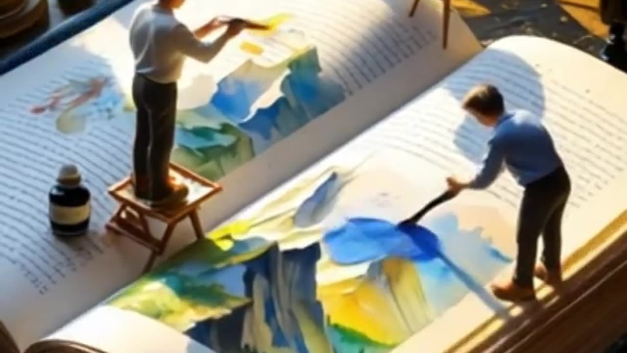 Miniature Artists Painting a Giant Open Book