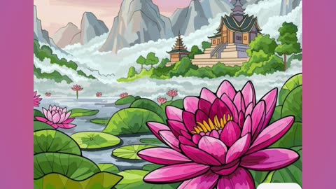 Serene Landscape with Lotus Flowers and Traditional Temple Amidst Misty Mountains