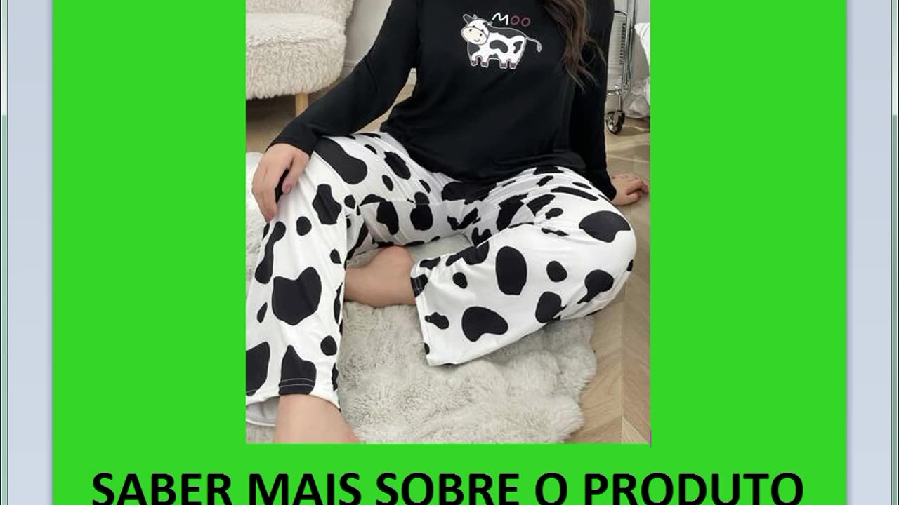 Conjunto de Pijama Plus Size com Estampa de Vaca, Gola Redonda,
