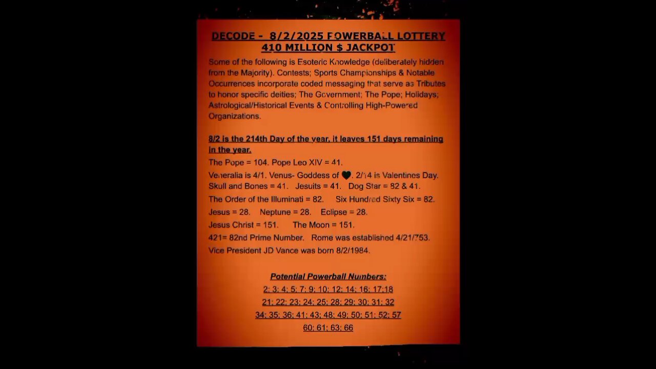 DECODE - 8/2/2025 POWERBALL LOTTERY. See Description.