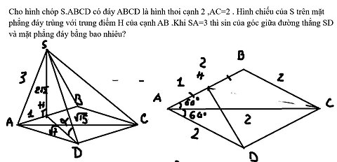 Toán 11 Cho hình chóp S.ABCD có đáy ABCD là hình thoi cạnh 2 ,AC=2 . Hình chiếu của S trên mặt phẳng