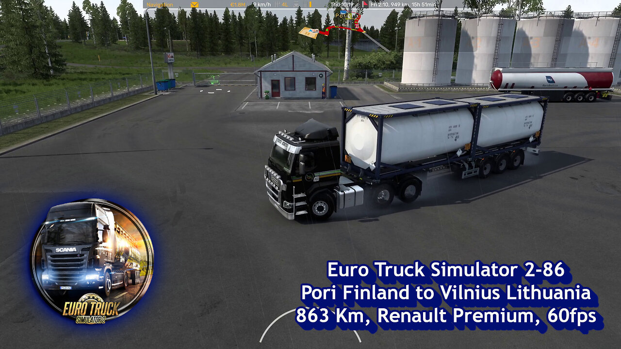 Euro Truck Simulator 2-86, Pori Finland to Vilnius Lithuania, 863 Km, Renault Premium, 60fps