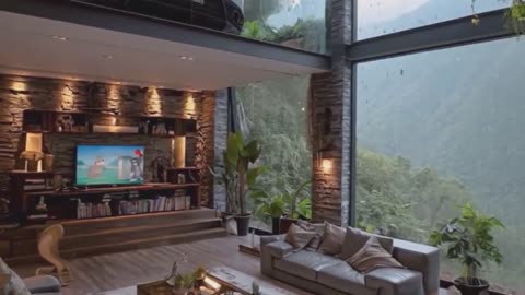 Mountain Resort Interior with Panoramic Glass Views۔
