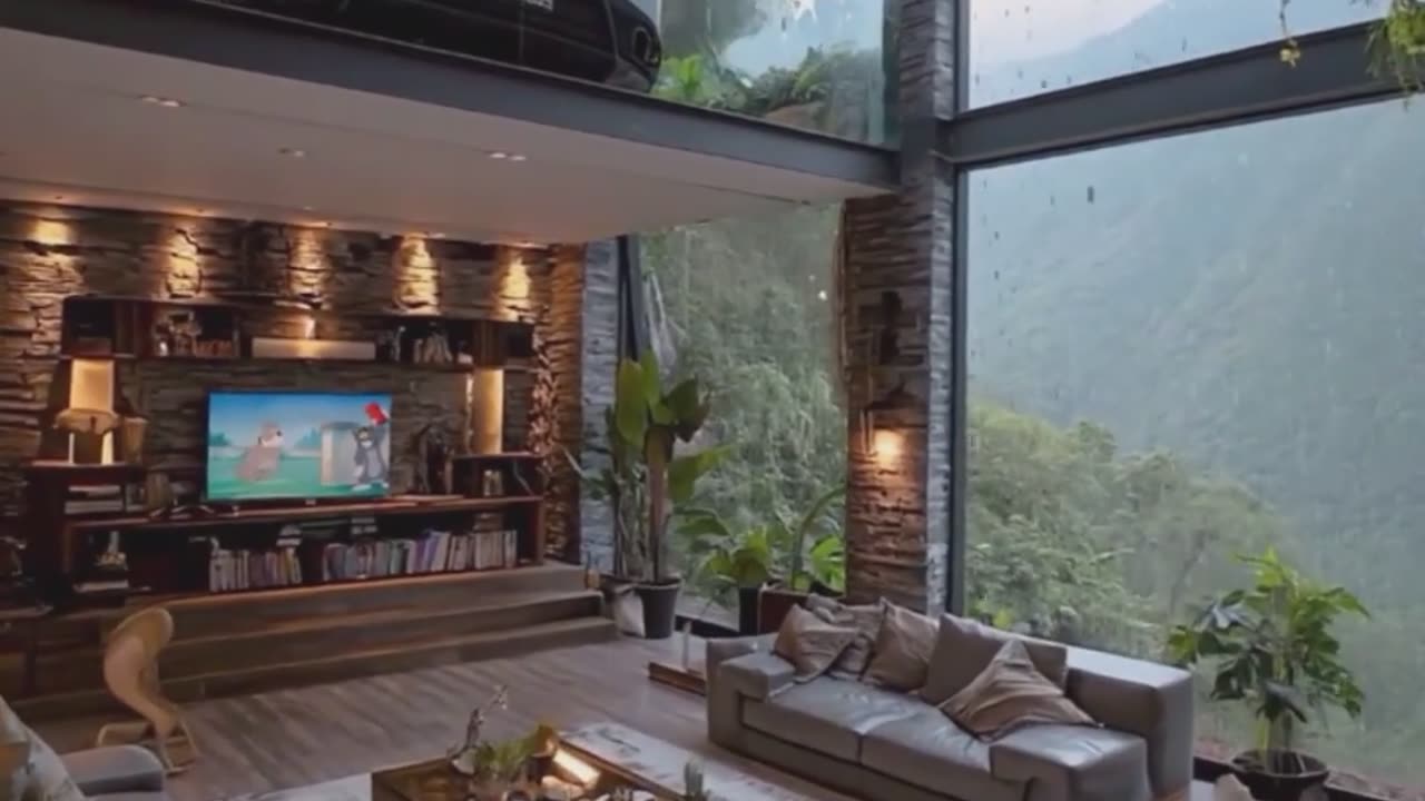 Mountain Resort Interior with Panoramic Glass Views۔