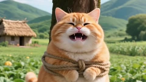 This orange cat stole the watermelon in the summer.