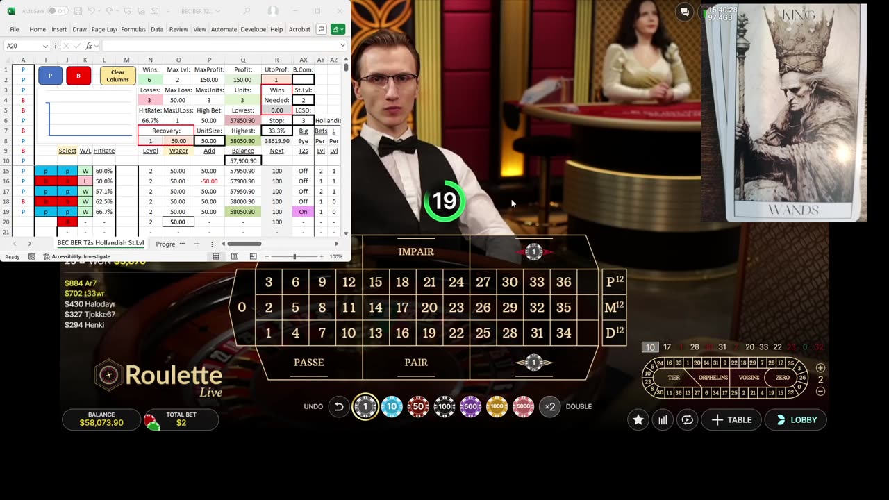 Roulette - 5 units, 23 minutes, 61.1% HR, 1 unit drawdown, to level 3, Tarot 50 BS, Hollandish MM