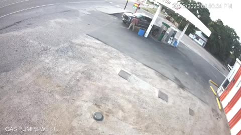 Man at Gas Station Narrowly Avoids Getting Hit by Out-of-Control Vehicle