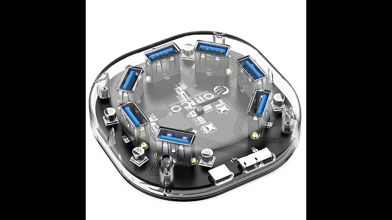 7-in-1 Transparent USB3.0 Hub with Power Supply Port, for Office, Study, Game and More