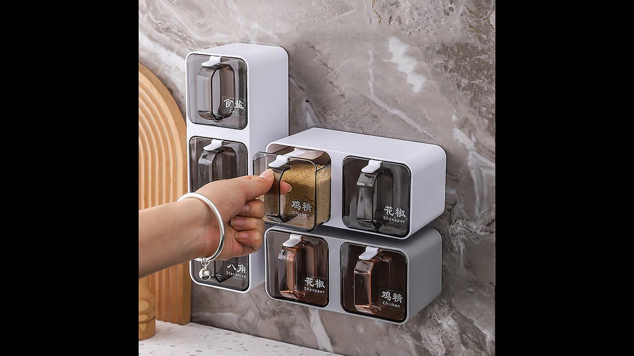 Waterproof Wall-mounted Seasoning Box With Rack and Spoon, for Spice, Sugar, Salt