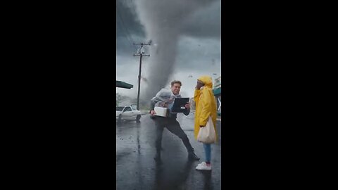 Funny salesman during tornado
