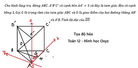 Toán 12: Tọa độ hóa: Cho hình lăng trụ đứng ABC.A'B'C' có cạnh bên AA^'=3 và đáy là tam giác đều có