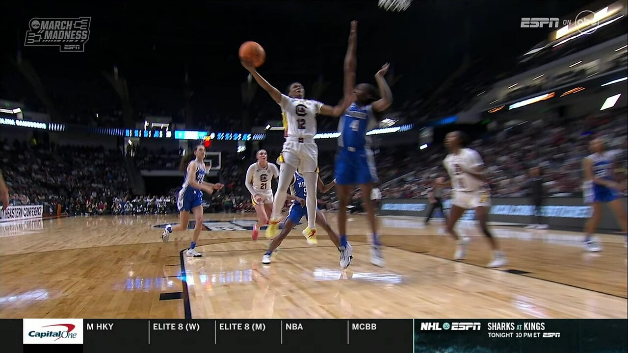 Fulwiley gets away w/ PUSH OFF, call puts Donovan in foul trouble | South Carolina vs Duke, Elite 8