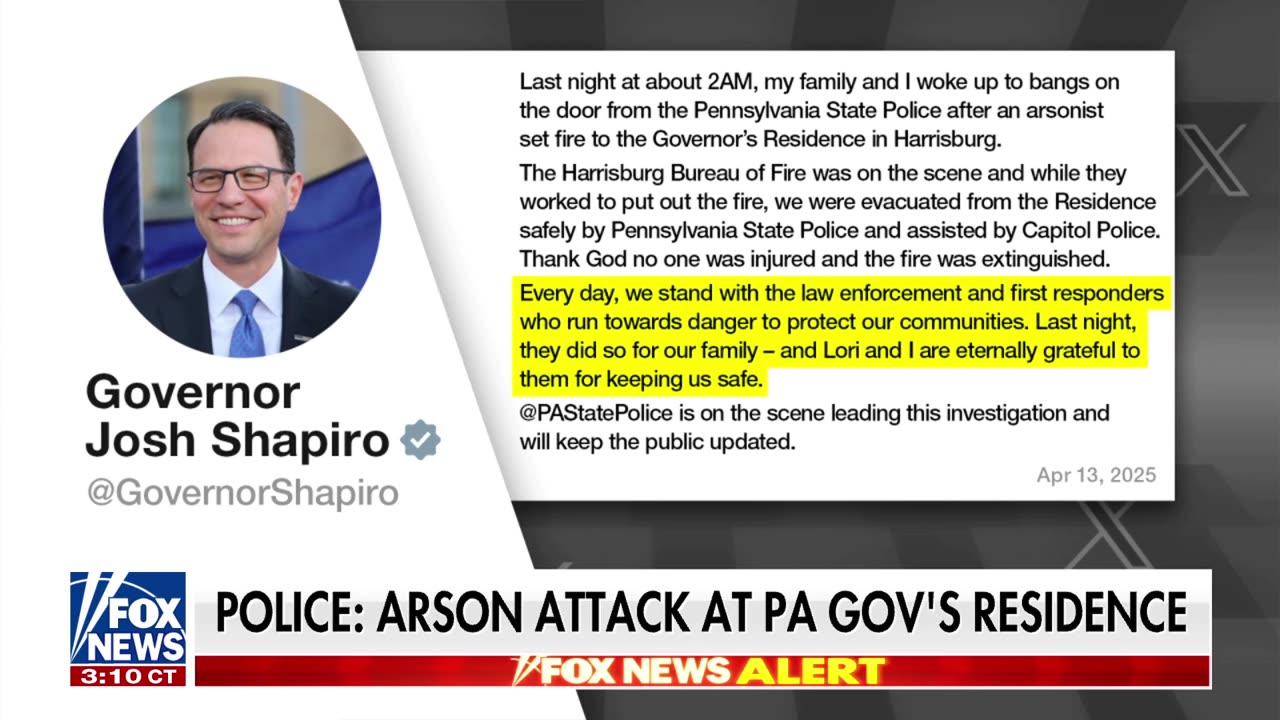 Investigators look into arson attack on Gov. Josh Shapiro’s residence