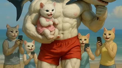 Daddy cat heroically saves his kitten from a shark! 🐱🦈
