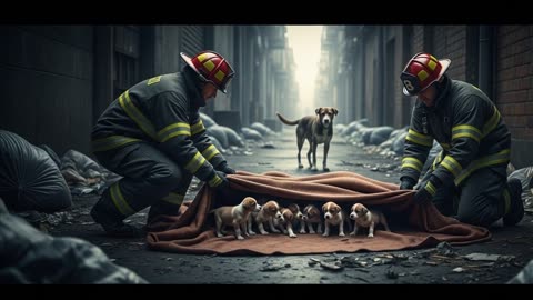 Stray Dog Leads Firefighters to 10 Puppies and a Boy