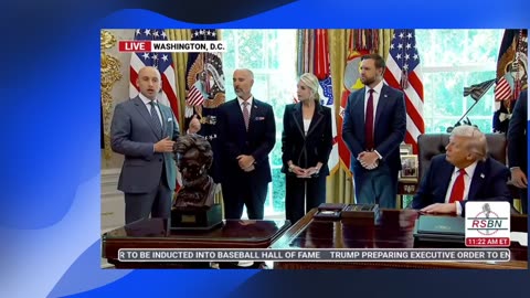 Trump and Stephen Miller during morning presidential signing meeting 082525