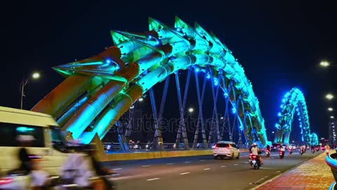 Dragon Bridge with night lighting over the Han River.