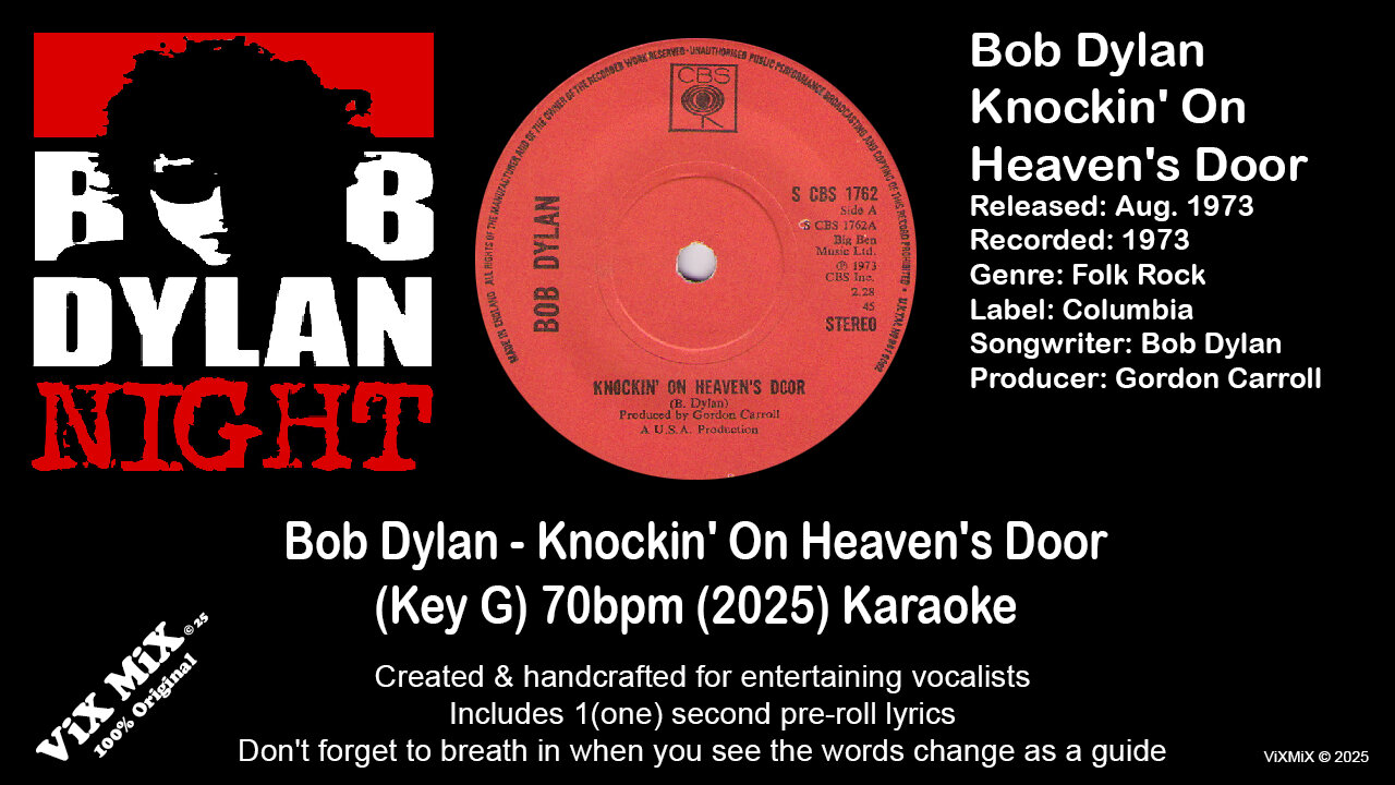 Bob Dylan - Knockin' On Heaven's Door (Key G) 70bpm (2025) Karaoke