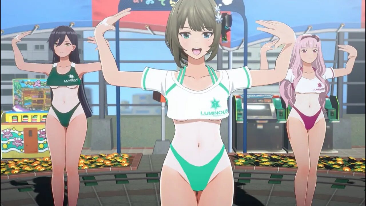 A group of idols dressed in super short sweatshirt are dancing in park,song called Never say never