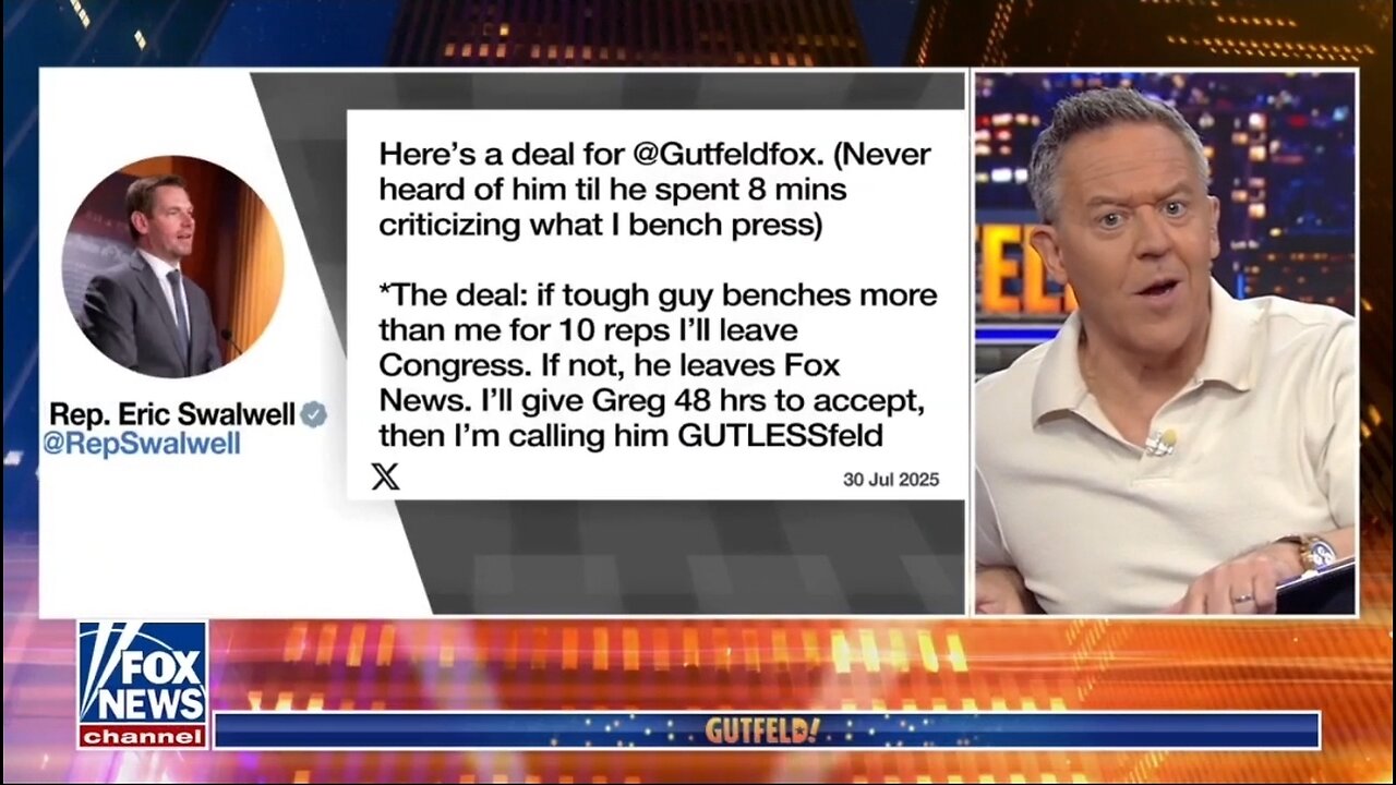 Gutfeld Responds To Rep Eric Swalwell's Challenge