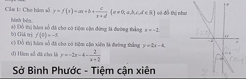 Sở Bình Phước: Tiệm cận xiên: Cho hàm số y=f(x) = ax+b + c/(x+d) có đồ thị như hình bên