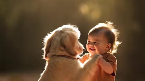 Cute baby dancing with a dog
