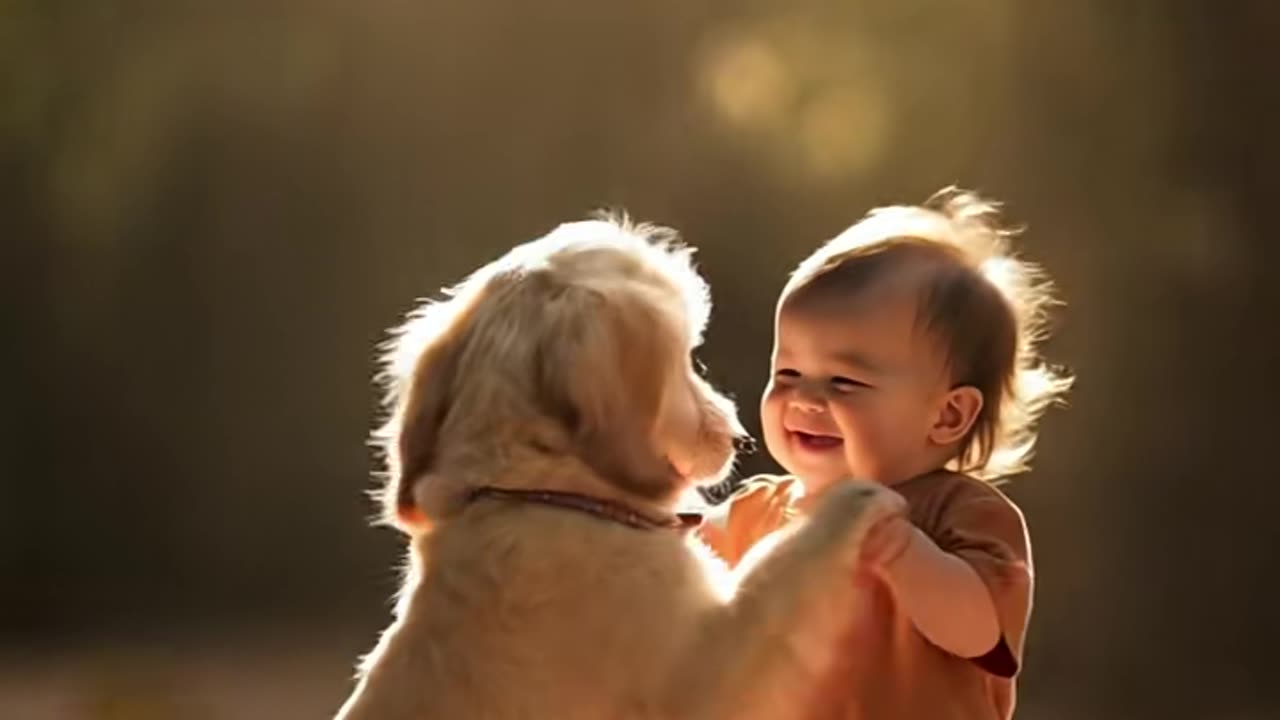 Cute baby dancing with a dog