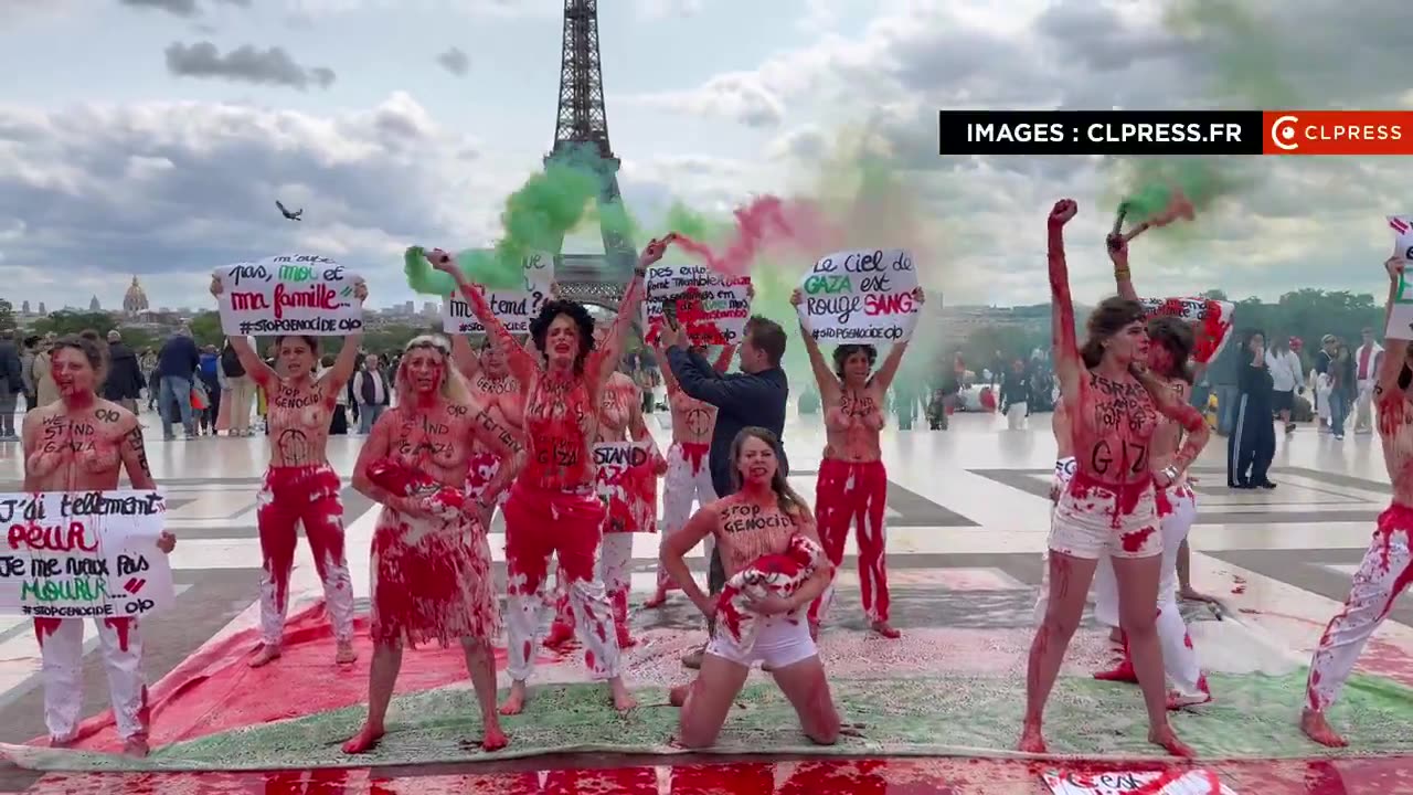 Naked women in Paris lather themselves in red paint to stand with “Palestine.”