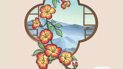 Elegant Flower Illustration Framed by Scenic Mountainous Landscape