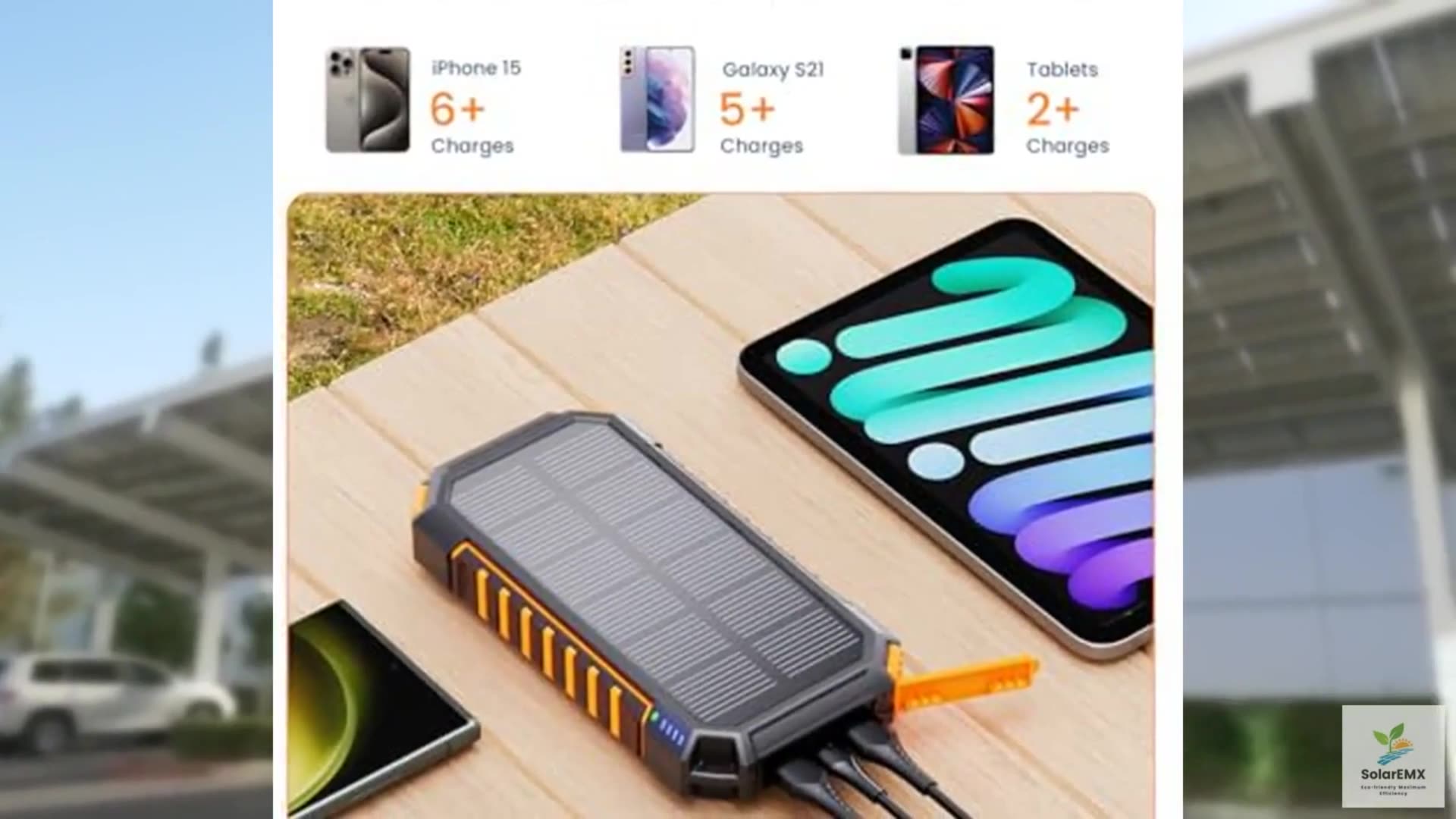 Hiluckey Power Bank Solar Charger 27000mAh Built in 3 Cables Five Outputs 15W Fa