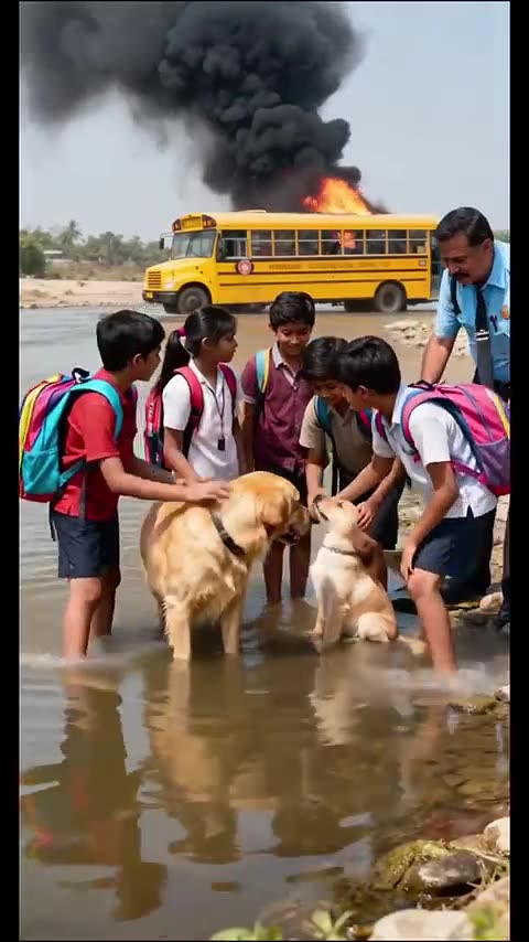 Golden retriever and his puppy drive a bus that's about to explode and save people