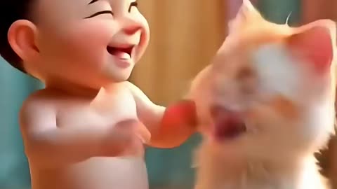 Baby and kitten get a funny surprise