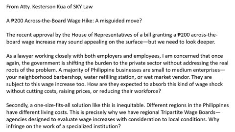 From Atty. Kesterson Kua of SKY Law A ₱200 Across-the-Board Wage Hike: A misguided move?
