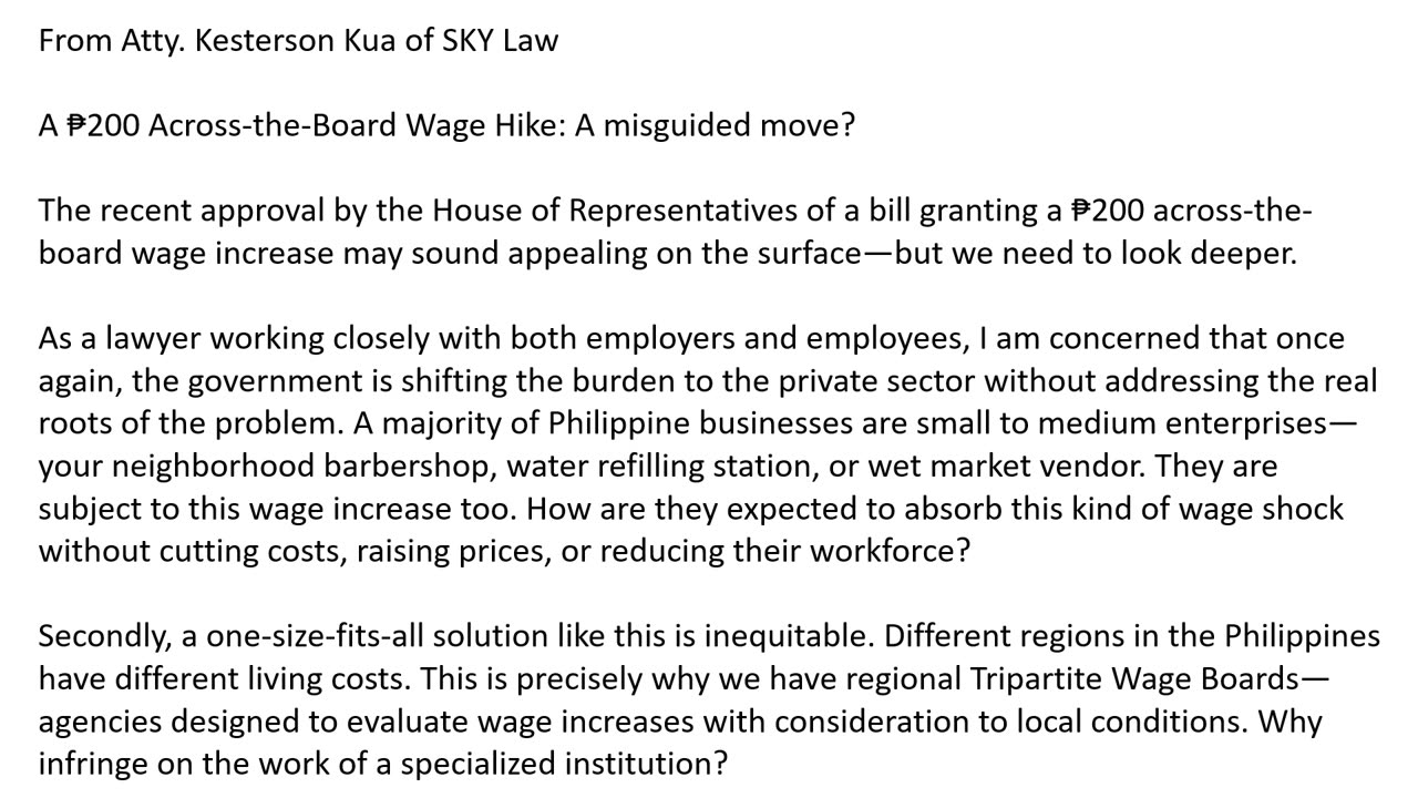 From Atty. Kesterson Kua of SKY Law A ₱200 Across-the-Board Wage Hike: A misguided move?