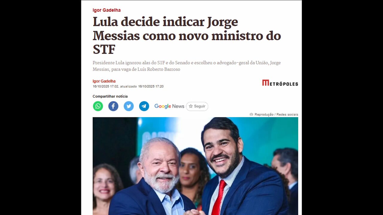 Lula indica Messias pro Supremo.