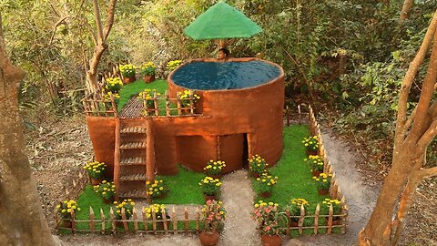 Building Amazing Red House & Rooftop Swimming Pool with Mountain Waterfall