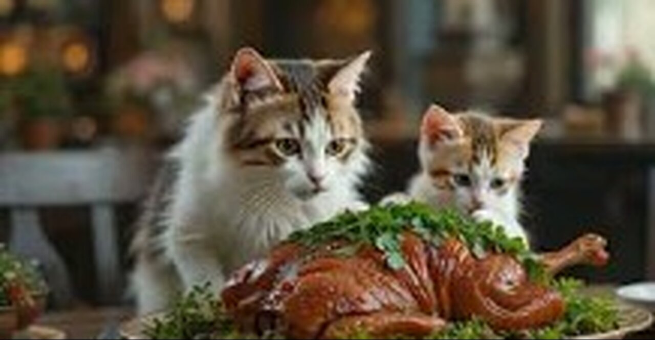 Mommy Cat Cooks Roasted Duck for Her Kitten – A Cozy Dinner