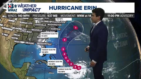 Hurricane Erin begins to curve northward (Local Weather Update 11 PM)