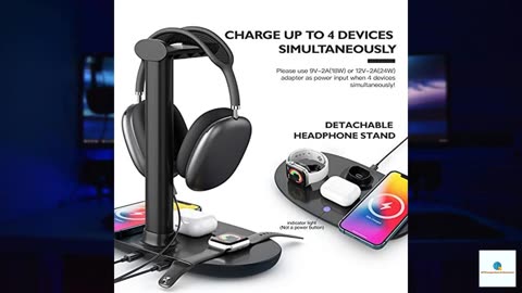 Headphone Stand with 15w Wireless Charger, Suguder 4 in 1 Charging Station Headset Holder